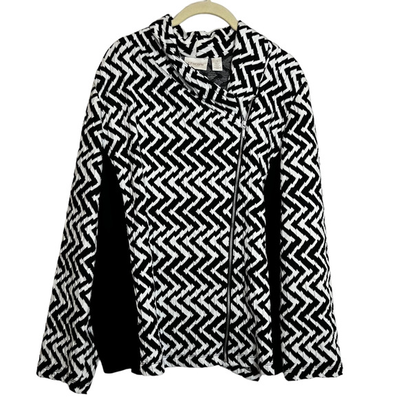 Chicos Womens Stretchy Knit Lightweight Jacket XL Black White Zig Zag Moto Zip - Picture 1 of 7